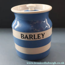 Load image into Gallery viewer, 1930s TG Green CORNISHWARE Lidded Storage Jar for BARLEY. 5 Inches in Height. Black Shield Mark
