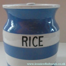 Load image into Gallery viewer, 1930s TG Green CORNISHWARE Lidded Storage Jar for RICE: 7 Inches in Height. Green Gresley Church Mark
