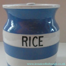 Load image into Gallery viewer, 1930s TG Green CORNISHWARE Lidded Storage Jar for RICE: 7 Inches in Height. Green Gresley Church Mark
