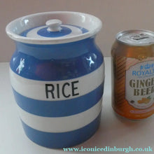 Load image into Gallery viewer, 1930s TG Green CORNISHWARE Lidded Storage Jar for RICE: 7 Inches in Height. Green Gresley Church Mark
