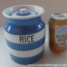 Load image into Gallery viewer, 1930s TG Green CORNISHWARE Lidded Storage Jar for RICE: 7 Inches in Height. Green Gresley Church Mark
