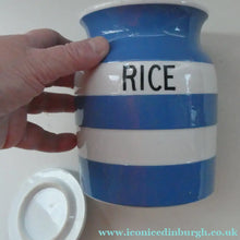 Load image into Gallery viewer, 1930s TG Green CORNISHWARE Lidded Storage Jar for RICE: 7 Inches in Height. Green Gresley Church Mark
