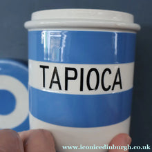 Load image into Gallery viewer, Rarer 1930s TG Green CORNISHWARE Tall Lidded Canister for TAPIOCA. 5 1/2 Inches in Height. Black Shield Mark

