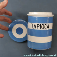 Load image into Gallery viewer, Rarer 1930s TG Green CORNISHWARE Tall Lidded Canister for TAPIOCA. 5 1/2 Inches in Height. Black Shield Mark


