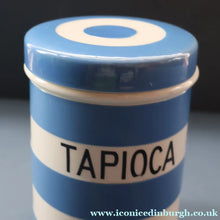 Load image into Gallery viewer, Rarer 1930s TG Green CORNISHWARE Tall Lidded Canister for TAPIOCA. 5 1/2 Inches in Height. Black Shield Mark

