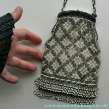 Load image into Gallery viewer, Vintage WHITE Art Deco Beaded Evening Bag with Chrome Clasp and Chain Handles; 1930s
