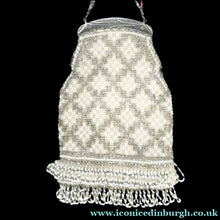 Load image into Gallery viewer, Vintage WHITE Art Deco Beaded Evening Bag with Chrome Clasp and Chain Handles; 1930s
