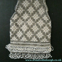 Load image into Gallery viewer, Vintage WHITE Art Deco Beaded Evening Bag with Chrome Clasp and Chain Handles; 1930s
