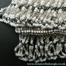 Load image into Gallery viewer, Vintage WHITE Art Deco Beaded Evening Bag with Chrome Clasp and Chain Handles; 1930s
