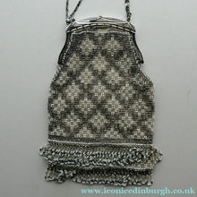 Load image into Gallery viewer, Vintage WHITE Art Deco Beaded Evening Bag with Chrome Clasp and Chain Handles; 1930s

