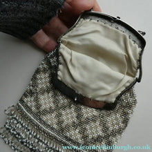 Load image into Gallery viewer, Vintage WHITE Art Deco Beaded Evening Bag with Chrome Clasp and Chain Handles; 1930s
