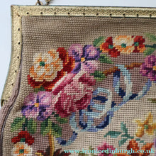 Load image into Gallery viewer, Vintage 1940s British PETIT POINT Beige Tapestry Handbag or Evening Bag with Pink Roses Design. Good Condition
