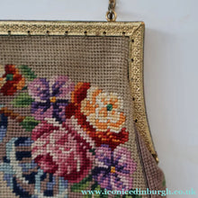 Load image into Gallery viewer, Vintage 1940s British PETIT POINT Beige Tapestry Handbag or Evening Bag with Pink Roses Design. Good Condition
