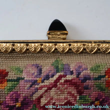 Load image into Gallery viewer, Vintage 1940s British PETIT POINT Beige Tapestry Handbag or Evening Bag with Pink Roses Design. Good Condition
