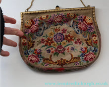 Load image into Gallery viewer, Vintage 1940s British PETIT POINT Beige Tapestry Handbag or Evening Bag with Pink Roses Design. Good Condition
