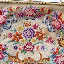 Load image into Gallery viewer, Vintage 1940s British PETIT POINT Beige Tapestry Handbag or Evening Bag with Pink Roses Design. Good Condition
