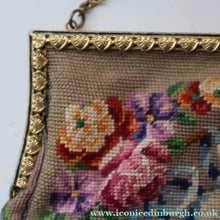 Load image into Gallery viewer, Vintage 1940s British PETIT POINT Beige Tapestry Handbag or Evening Bag with Pink Roses Design. Good Condition
