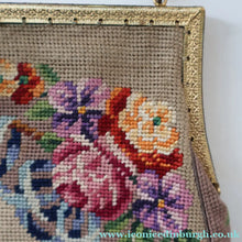 Load image into Gallery viewer, Vintage 1940s British PETIT POINT Beige Tapestry Handbag or Evening Bag with Pink Roses Design. Good Condition
