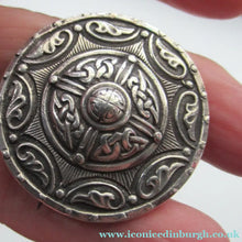 Load image into Gallery viewer, 1940s Scottish Celtic Brooch Targe Design after Alexander Ritchie. Glassgow Hallmark
