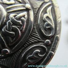 Load image into Gallery viewer, 1940s Scottish Celtic Brooch Targe Design after Alexander Ritchie. Glassgow Hallmark
