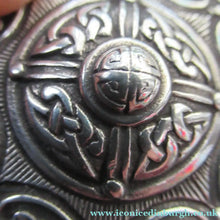 Load image into Gallery viewer, 1940s Scottish Celtic Brooch Targe Design after Alexander Ritchie. Glassgow Hallmark
