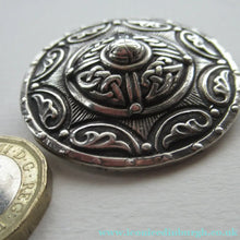 Load image into Gallery viewer, 1940s Scottish Celtic Brooch Targe Design after Alexander Ritchie. Glassgow Hallmark
