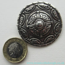 Load image into Gallery viewer, 1940s Scottish Celtic Brooch Targe Design after Alexander Ritchie. Glassgow Hallmark
