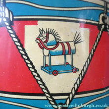 Load image into Gallery viewer, Vintage 1940s Child's Tin Drum / Decorator's Item with Victory in Europe Motif
