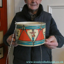 Load image into Gallery viewer, Vintage 1940s Child's Tin Drum / Decorator's Item with Victory in Europe Motif
