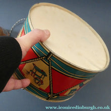 Load image into Gallery viewer, Vintage 1940s Child's Tin Drum / Decorator's Item with Victory in Europe Motif
