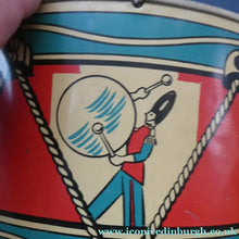Load image into Gallery viewer, Vintage 1940s Child's Tin Drum / Decorator's Item with Victory in Europe Motif
