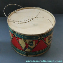 Load image into Gallery viewer, Vintage 1940s Child's Tin Drum / Decorator's Item with Victory in Europe Motif
