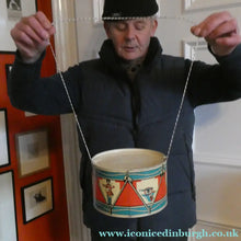 Load image into Gallery viewer, Vintage 1940s Child's Tin Drum / Decorator's Item with Victory in Europe Motif
