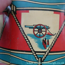 Load image into Gallery viewer, Vintage 1940s Child's Tin Drum / Decorator's Item with Victory in Europe Motif
