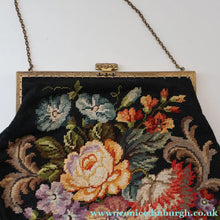Load image into Gallery viewer, Larger Vintage 1940s British PETIT POINT Tapestry Handbag or Evening Bag with Pink Roses Design. Excellent Condition
