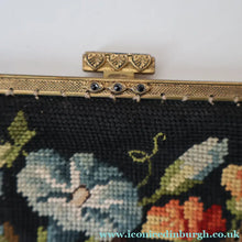 Load image into Gallery viewer, Larger Vintage 1940s British PETIT POINT Tapestry Handbag or Evening Bag with Pink Roses Design. Excellent Condition
