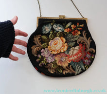 Load image into Gallery viewer, Larger Vintage 1940s British PETIT POINT Tapestry Handbag or Evening Bag with Pink Roses Design. Excellent Condition
