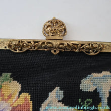 Load image into Gallery viewer, Larger Vintage 1940s British PETIT POINT Tapestry Handbag or Evening Bag with Pink Roses Design. Excellent Condition
