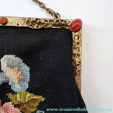 Load image into Gallery viewer, Larger Vintage 1940s British PETIT POINT Tapestry Handbag or Evening Bag with Pink Roses Design. Excellent Condition
