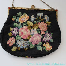 Load image into Gallery viewer, Larger Vintage 1940s British PETIT POINT Tapestry Handbag or Evening Bag with Pink Roses Design. Excellent Condition
