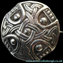 Load image into Gallery viewer, Silver Celtic Knotwork Shield Brooch by Shipton &amp; Co. Hallmarked Chester 1948
