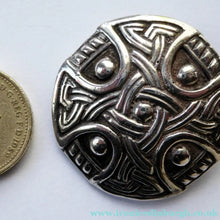 Load image into Gallery viewer, Silver Celtic Knotwork Shield Brooch by Shipton &amp; Co. Hallmarked Chester 1948
