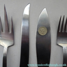 Load image into Gallery viewer, Vintage SWEDISH GENSE 1940s Stainless Steel THEBE Pattern Cutlery. Rare Four Piece Serving Set designed by Folke Arstrom
