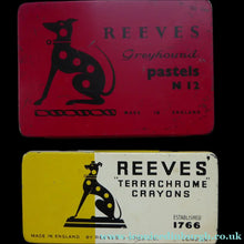 Load image into Gallery viewer, PAIR of Art Deco Style 1950s REEVES GREYOUND Pastel Tins &amp; Some Contents
