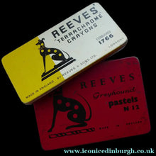Load image into Gallery viewer, PAIR of Art Deco Style 1950s REEVES GREYOUND Pastel Tins &amp; Some Contents
