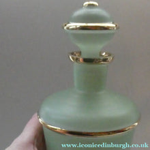 Load image into Gallery viewer, Stylish 1950s LAEKEN CRISTAL Green Frosted Glass &amp; Gold Decanter with Six Small Tumblers: Made in Belgium
