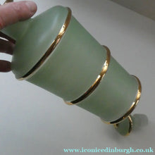 Load image into Gallery viewer, Stylish 1950s LAEKEN CRISTAL Green Frosted Glass &amp; Gold Decanter with Six Small Tumblers: Made in Belgium
