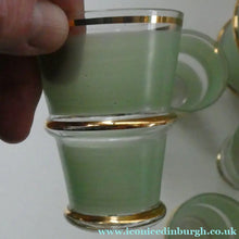 Load image into Gallery viewer, Stylish 1950s LAEKEN CRISTAL Green Frosted Glass &amp; Gold Decanter with Six Small Tumblers: Made in Belgium

