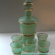 Load image into Gallery viewer, Stylish 1950s LAEKEN CRISTAL Green Frosted Glass &amp; Gold Decanter with Six Small Tumblers: Made in Belgium
