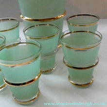 Load image into Gallery viewer, Stylish 1950s LAEKEN CRISTAL Green Frosted Glass &amp; Gold Decanter with Six Small Tumblers: Made in Belgium
